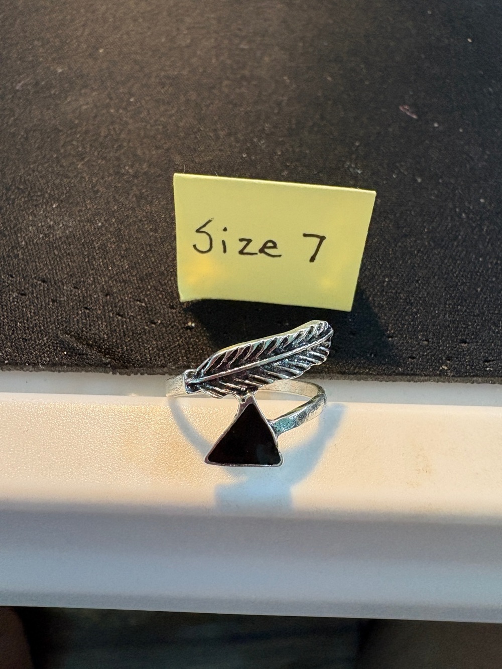 Silver Feather & Black Triangle Adjustable Ring - Size 7